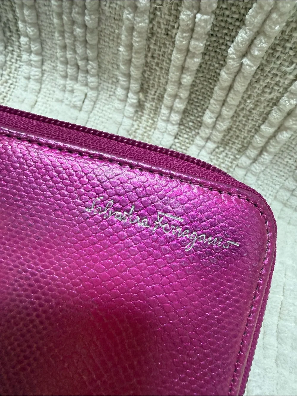 Salvatore Ferragamo Metallic Fuchsia Zip Wallet